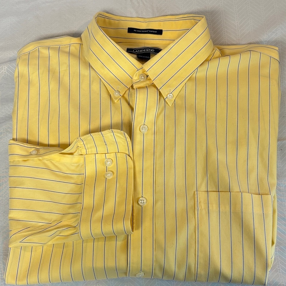 Lands' End Men's Supima Pinpoint No Iron Yellow Pinstripe Dress Shirt 18.5-36